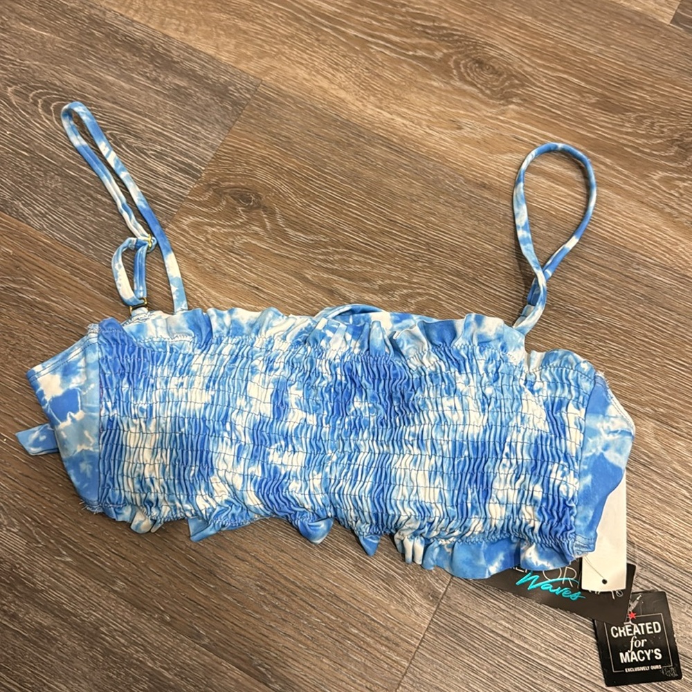 NWT California Waves blue white tie dye smocked strapless swim bikini top L - Picture 3 of 8